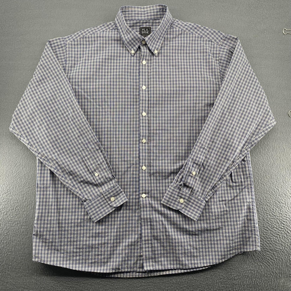 Jos. A. Bank Dress Shirt Mens XL Blue Check Traveler Travel Tech Long‎ Sleeve